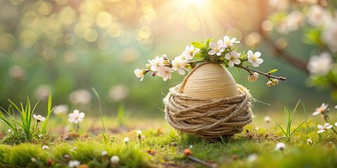 Wall Mural - A Single Egg Nestled in a Delicate Nest of Twine and Adorned with Spring Blossoms, Bathed in Warm Sunlight