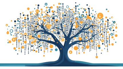 Digital depicting a data tree growing from binary code symbolizing the power of data driven growth and technological innovation  The clean flat design showcases a minimalist and futuristic aesthetic