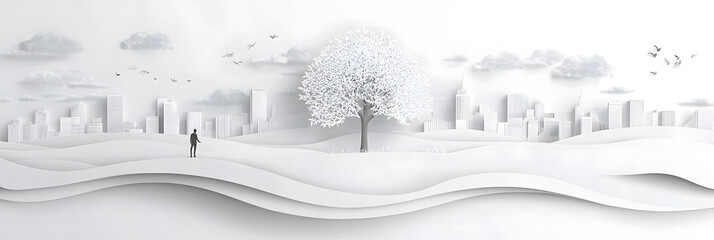 Wall Mural - The person who knows. Tree, Achieve sustainable growth, World Environment Day. White eco urban city and nature landscape background paper art style.	