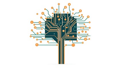 Circuit board spreading out like the branches of a lush growing tree on a clean white background  This flat design symbolizes the of technology and nature