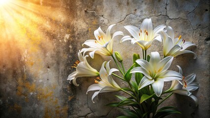 Wall Mural - A Bouquet of White Lilies Basking in the Warm Glow of Sunlight on a Weathered Stone Wall