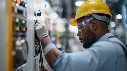 Wall Mural - Electrical engineer installing and testing electrical equipment, wearing safety gear and hard hat, focused on his work in industrial setting