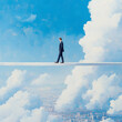 © carolina - businessman in a suit balancing precariously on a high, narrow beam in the sky symbolizes the delicate balance between risk and achievement in the business world.