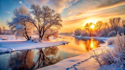 Wall Mural - A serene wintry landscape with frost-covered trees reflecting in the still waters of a river as the sun sets, casting a warm glow on the snow-covered ground