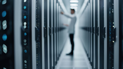 Data center technician working on server maintenance in modern facility, surrounded by rows of server racks. environment is high tech and organized, emphasizing importance of data management