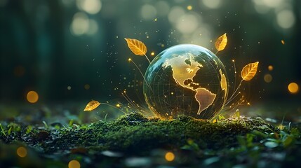 Glowing mesh line globe surrounded by a dynamic array of luminous leaves representing the harmony between technology and the natural environment in the pursuit of eco conscious living