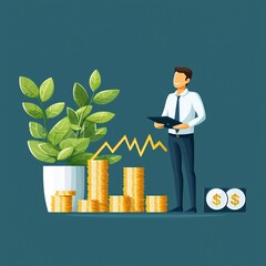 Businessman analyzing financial growth with money and plants.