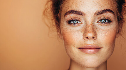 A close up portrait of young woman with striking blue eyes and natural freckles, showcasing her radiant skin against warm, peach background. Her expression is confident and inviting, highlighting her