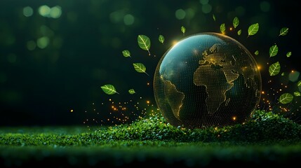 Glowing wireframe globe surrounded by a dynamic array of radiant leaves representing the fusion of technology and nature in sustainable eco conscious living