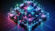 © somsong - Futuristic Neon Geometric Grid: High-Resolution Digital Artwork Featuring Interconnected 3D Shapes, Vibrant Electric Blue, Cyan, Violet, and Magenta Colors with Realistic Light Refraction