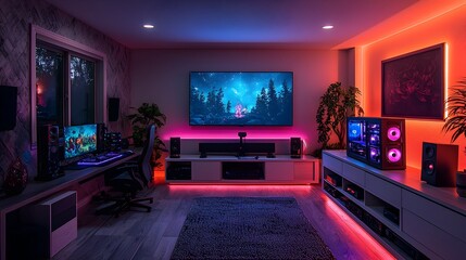 Sleek and Stylish Modern Game Room Interior with Large Flat Screen TV Comfortable Furniture and High Tech Gaming Setup for Immersive Entertainment and Leisure