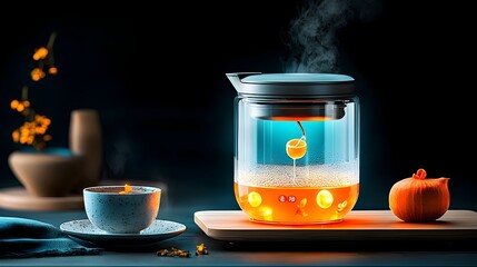 Wall Mural - Minimalist digital of a glowing mesh teapot pouring a stream of luminous liquid into a cup creating a dynamic and ethereal visual effect