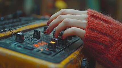 Elegant close up image of a woman s hand gracefully switching on a radio device highlighting the simplicity and modern aesthetic of the action in a minimalist