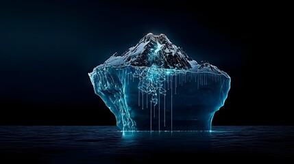 Striking digital artwork depicting a glowing mesh like iceberg hovering above and below the water symbolizing the impacts of climate change and the need for environmental awareness and action