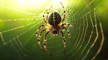 A spider sits in the center of its web, with sunlight shining through the delicate strands.