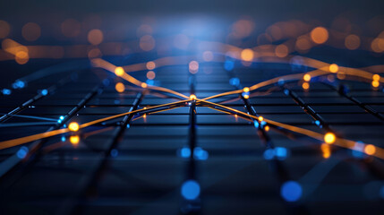 glowing digital web of connected nodes and sharp lines creates mesmerizing visual effect, showcasing intricate network of technology and data flow