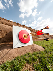 Arrows miss and hit a red target, achievement and success