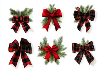 Wall Mural - Collection of festive red and black plaid bows with greenery elements on a white isolated background.