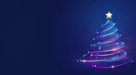 Wall Mural - A glowing neon blue Christmas tree with colorful lights on a dark background