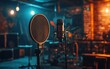 © Who is Santi - A detailed image of a microphone and pop shield set up in an empty recording studio, highlighting the essential equipment for performances and shows in the music business
