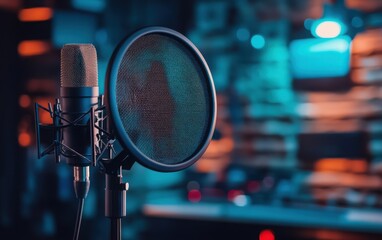 A detailed image of a microphone and pop shield set up in an empty recording studio, highlighting the essential equipment for performances and shows in the music business