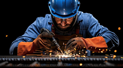 Poster - Creating storm of sparks, skilled industrial welder focuses intently on his work, showcasing precision and craftsmanship in dark environment