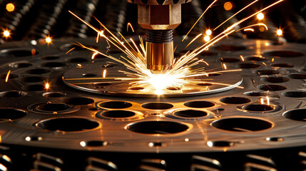 Sparks fly as precision cutting tool works on metal surface, showcasing intricate process of industrial fabrication. scene captures energy and focus of metalworking