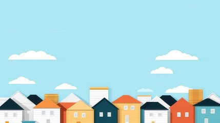 Colorful illustrated houses with a bright blue sky and fluffy clouds, ideal for backgrounds or design projects.