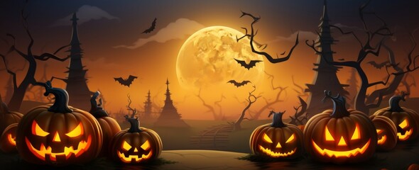 Wall Mural -  Whimsical Halloween background featuring a cute pumpkin with a witch hat against a vibrant orange sky and a full moon.