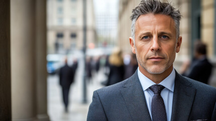 Wall Mural - A confident businessman stands outdoors in city setting, dressed in tailored suit with serious expression. blurred background suggests bustling urban environment