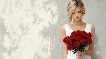 Wall Mural - A young woman wearing a white dress, holding a red rose