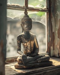 An old Buddha statue sits on an old wooden table.