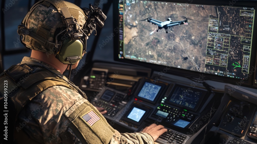Soldier Monitor System A soldier operates a high-tech monitor displaying drone imagery ...
