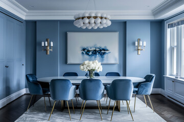 Wall Mural - Minimalist dining room with blue walls, a white dining table, blue velvet chairs, and a simple centerpiece of white flowers, set beneath a modern chandelier.