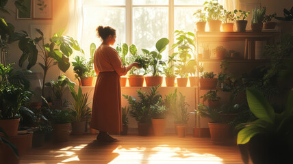 Wall Mural - A woman is tending to her plants in a room with lots of greenery. The room is bright and sunny, and the woman is wearing a brown dress