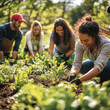 © easybanana - A group of people are working together in a garden, with one woman bending over to plant a seedling. Scene is one of collaboration and teamwork, as the group works together to tend to the plants