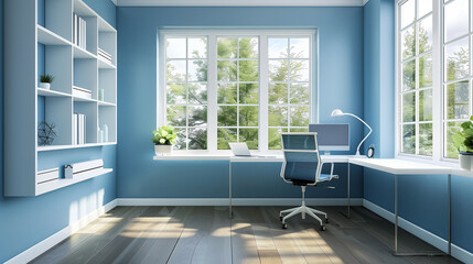 Wall Mural - serene home office with soft blue walls, a white desk, blue ergonomic chair, and minimalist blue she