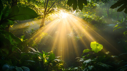 Mystical Sun Rays Piercing Through Dense Forest Canopy Illuminating Lush Greenery with Ethereal Glow