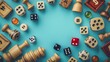 © Alpha - Beautiful arrangement of wooden board game pieces and dice on a light blue background, flat lay style, with a blank space for text in the composition