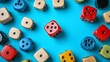 © Alpha - Beautiful arrangement of wooden board game pieces and dice on a light blue background, flat lay style, with a blank space for text in the composition
