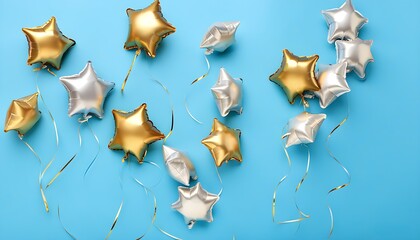 Golden balloons pop against a blue background, celebrating the good times.