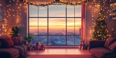 A large window in a festive living room, framed with Christmas lights and overlooking a winter cityscape, isolated on a warm coral background, space for text