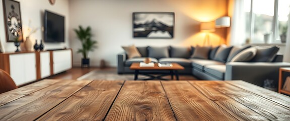 Empty Rustic wooden table with modern living room blurred background, Empty Wood table with blurred modern apartment interior background, Empty wooden tabletop with blur living room background