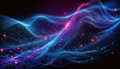 Hyper-Realistic Digital Data Stream Artwork: Futuristic Neon Design Featuring Dynamic Flowing Waves, Interconnected Lines, Glowing Nodes, and Motion Blur in a Dark, High-Tech Setting