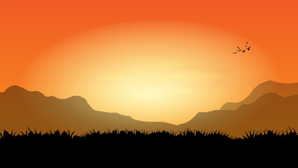 graphics drawing landscape view outdoor of sunset with grass on the ground for wallpaper background 
