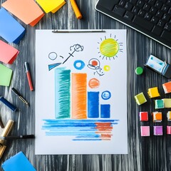 Wall Mural - Colorful Chart Drawn On White Paper With Crayons  Markers  And Sticky Notes