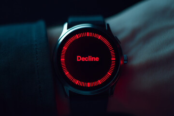 close up of hand wearing smartwatch displaying red Decline button, symbolizing rejection or cancellation. sleek design and glowing screen create modern and tech savvy atmosphere