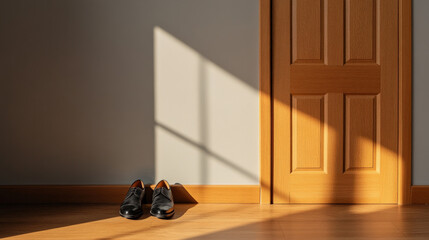 Wall Mural - pair of shoes placed neatly by open door, with sunlight casting shadows on floor, creates warm and inviting atmosphere