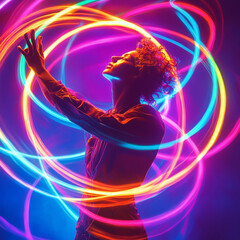 A person is surrounded by vibrant, interlocking rings of light in bright neon colors, creating dynamic and energetic atmosphere. expression conveys sense of wonder and creativity