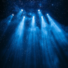 bright stage lights illuminate dark space, creating celestial atmosphere with beams of blue light pi